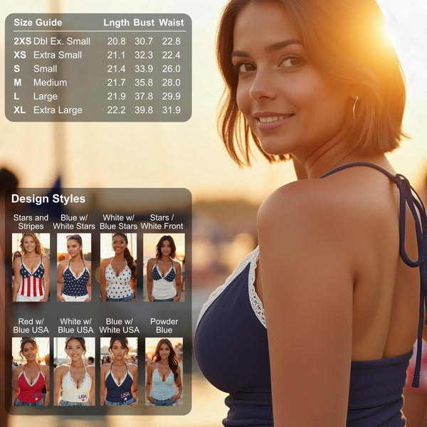 Women's Patriotic Star Print Halter Top with Delicate White Lace Trim