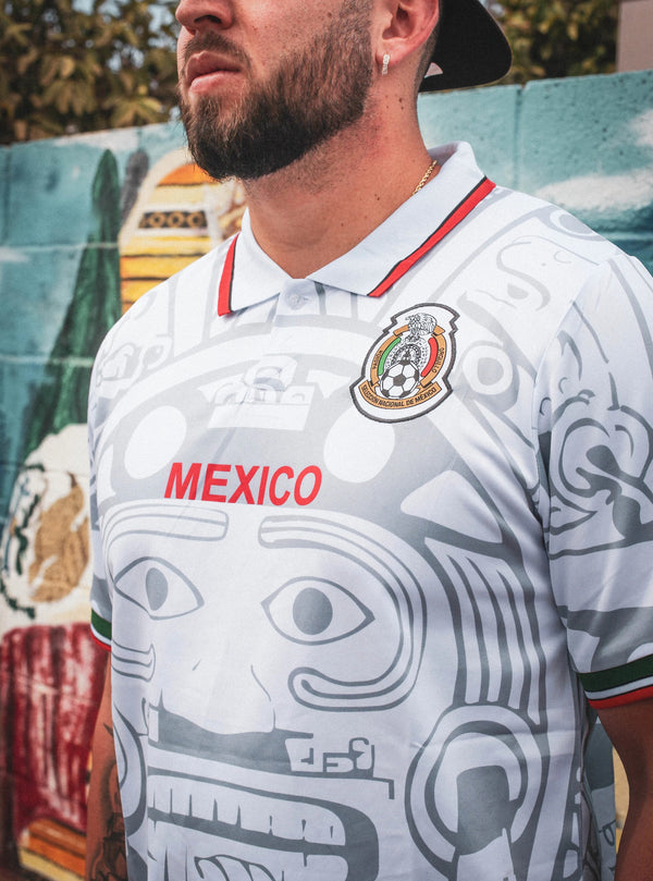 MadStrange Retro 1998 Mexico Soccer Jersey in White with Aztec Calendar